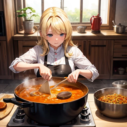 A blonde woman making chanko curry　huge pot