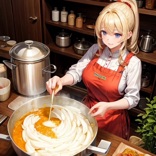A blonde woman making chanko curry huge pot