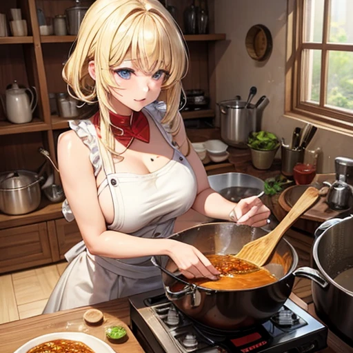 A blonde woman making chanko curry huge pot