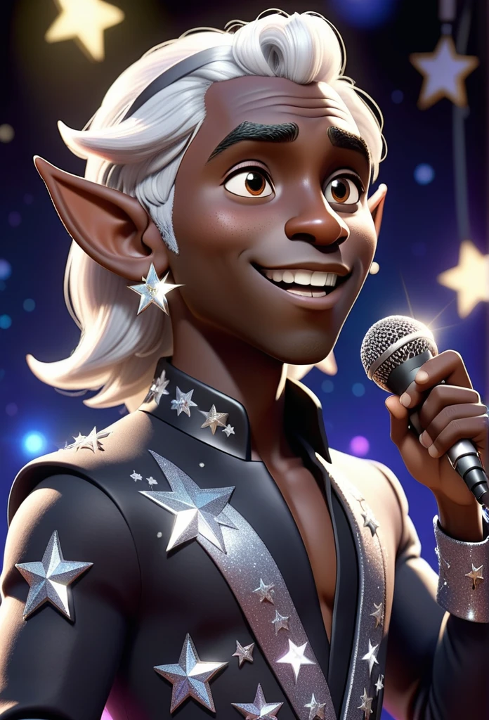 3d pixar drawing of beautiful beautiful male, a black-skinned, white-haired elf singer  with star earrings holding her  microphone on her stage with a sparkly pop diva outfit 