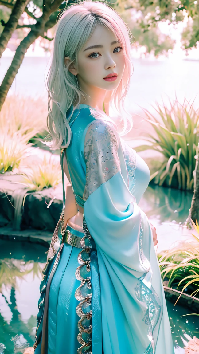 8K, Ultra realistic photos stunning anthropomorphic female dragon beautiful and gorgeous, wearing a swimming wear, Located on the lakeside, White hair, Wavy Hair, Ultra-radiant skin, Wet_skin, stunning composition evoke a sense of admiration, hyper realistic and hyper detailed, Excessive emotionality, spectacular movie lighting, 32K Ultra HD resolution, shot on Hasselblad H6D 400c Multi shot, Midakom Speedmaster 35mm f/1. 2 XCD - Style Expressiveness - AR 1:2 --upanime --niji 5 --q 3