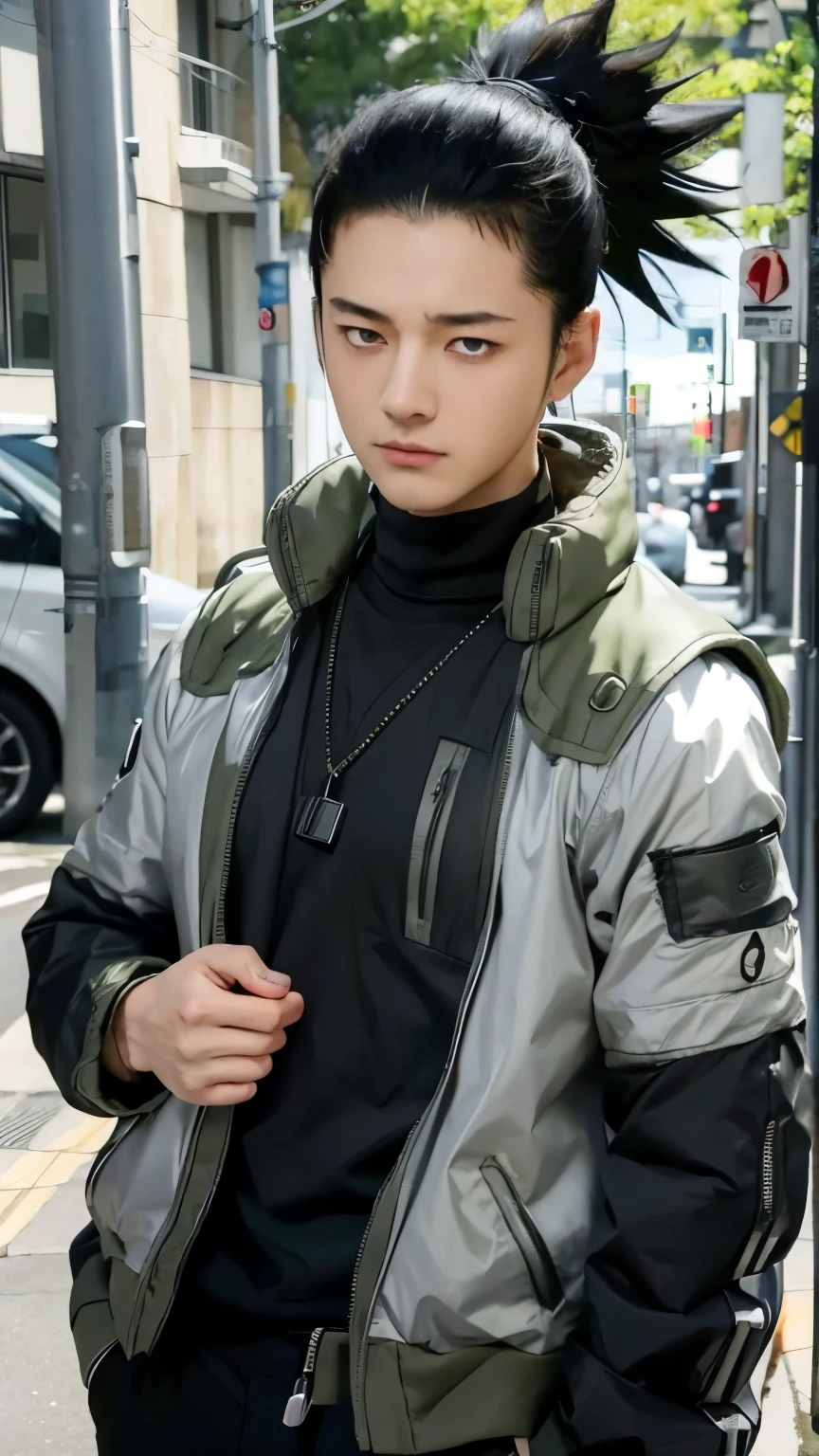Shikamaru nara, naruto shippuden, black hair, red eyes, white jacket, friendly face, modern city background detailed hand, detailed face, detailed eye, fire effect:1.5, chinematic light effect, ultra-realistic, ultra-detailed, bestquality, masterpiece.
