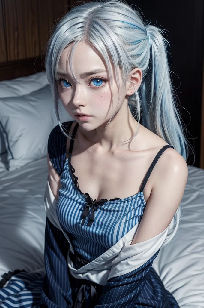 anime girl, Screenshot from UFOTABLE studios, anime de Demon Slayer/Kimetsu no Yaiba: blue colored eyes, white hair, on the bed.