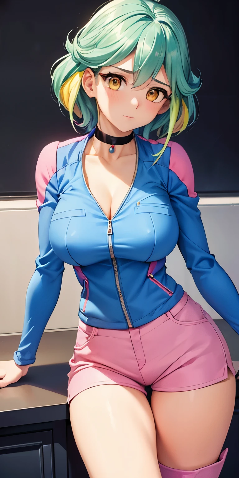 1 Female,High definition,high resolution,Ultra-realistic,8K, rin_arc_v,blue jacket,long sleeves,black choker,pink shorts,white thighs boots, multicolored hair,yellow eyes,European,sexy,Upper body close-up,Photographed from the front,Dynamic Angles,private teacher,blush, huge tits, nipples ,show tits , pretty  ,(pov , closed shot:1.3)