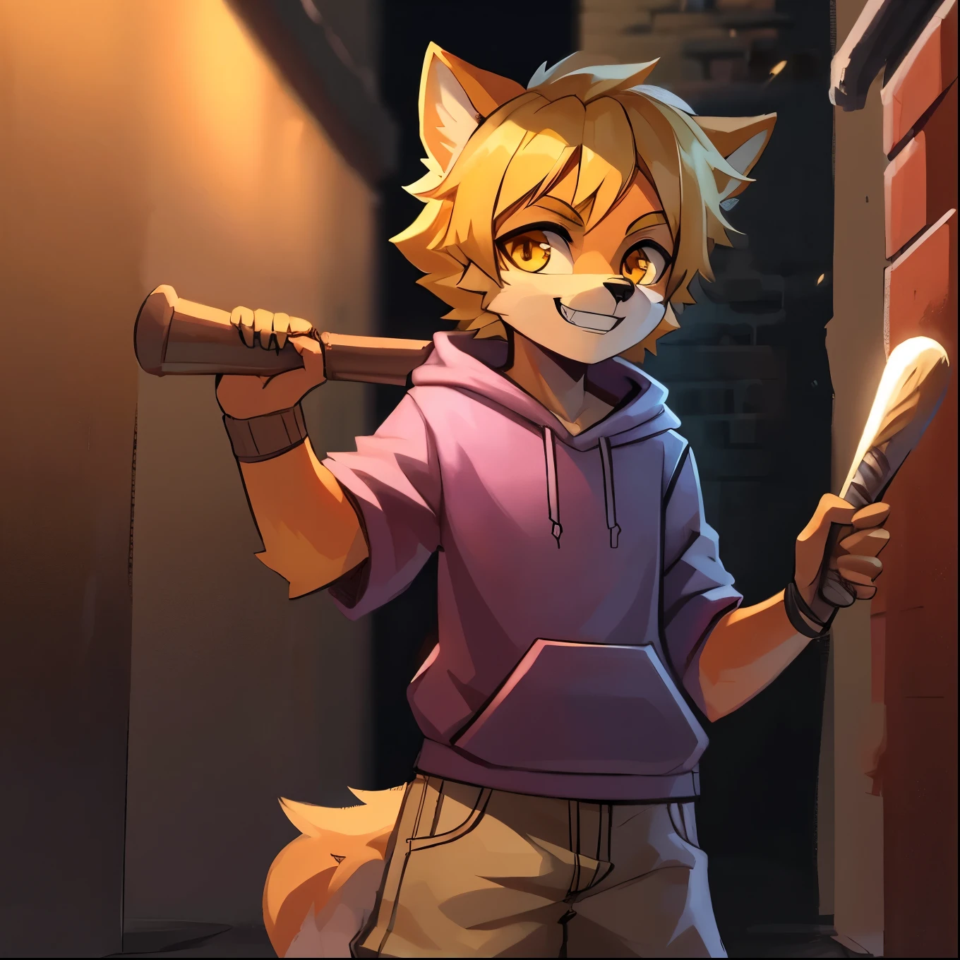 Furry, dog boy, 10 years old, orange fur, gold eyes, smiling, short yellow hair, purple hoodie, khaki shorts, alleyway background, cocky expression, wolf ears, holding a baseball bat