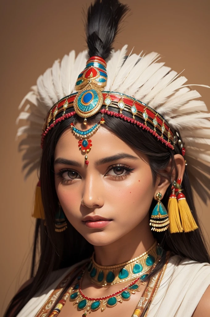 I want you to create for me an image of an Indian painted with a very beautiful headdress as if it were painted with pencil