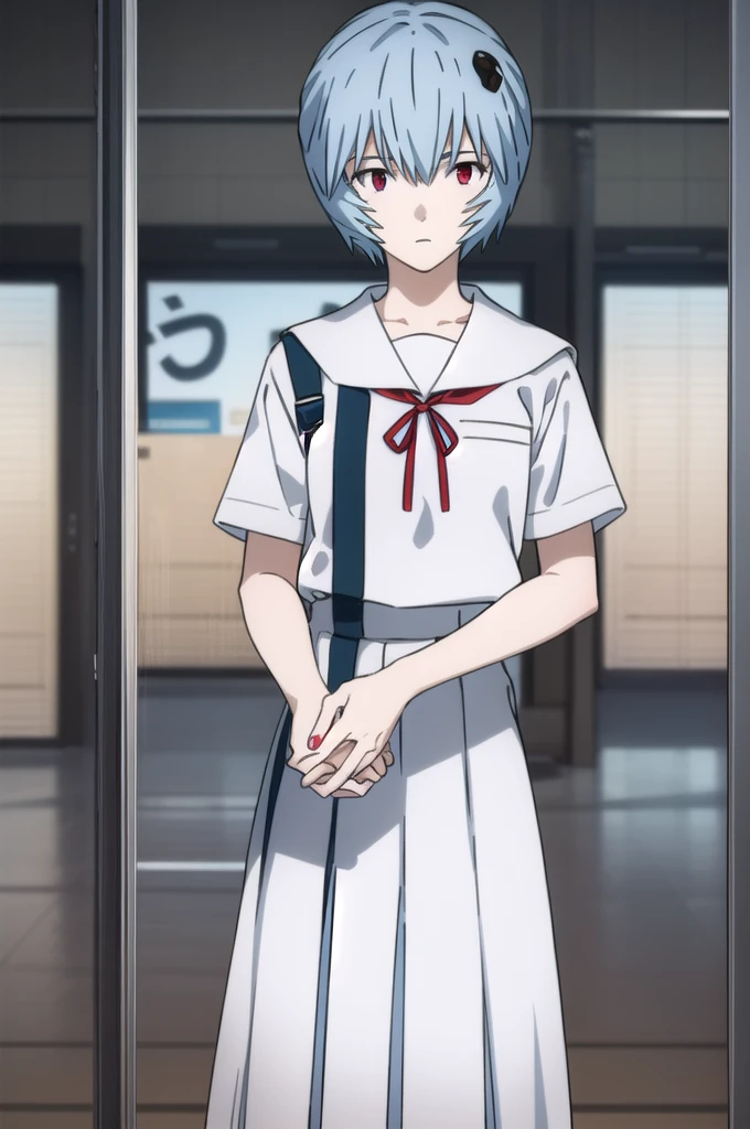 Rayanami, Rei Ayanami, (Ayanami Rei:1.2), Blue Hair, short hair, (Red eyes:1.2),
break skirt, shirt, ribbon, (school uniform:1.5), white shirt, Short sleeve, red ribbon, neck ribbon, (tokyo-3 middle school uniform:1.5),
break indoors, classroom,
break looking at viewer, (Cowboy Shot:1.5),
break (masterpiece:1.2), Highest quality, High resolution, unity 8k wallpaper, (figure:0.8), (Beautiful attention to detail:1.6), Highly detailed face, Perfect lighting, Highly detailed CG, (Perfect hands, Perfect Anatomy),