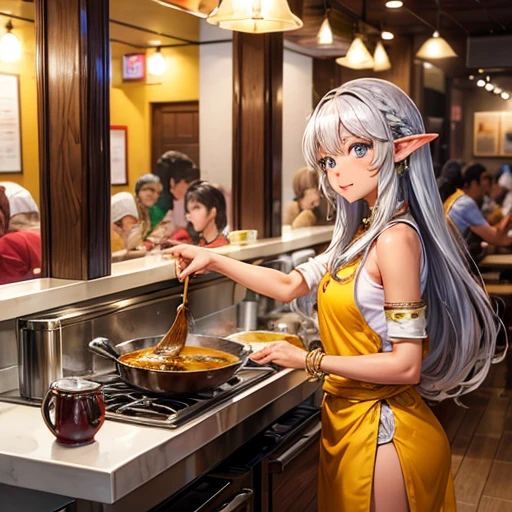 Making curry at a curry restaurant A brown-skinned elf with long silver hair