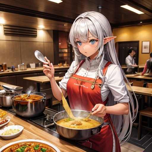 Making curry at a curry restaurant A brown-skinned elf with long silver hair