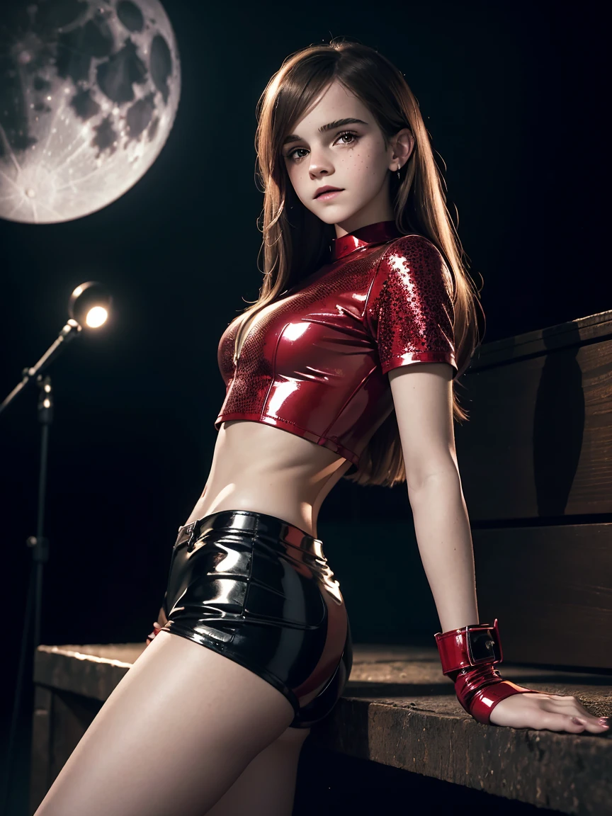 Highly detailed. a sexy beautiful 12 years old Emma Watson. long hair. freckles, gentle smile. red tight intricate sparkly latex shorts, crop top. posing like model. dark ambient. background moon. full shot. high heels.
