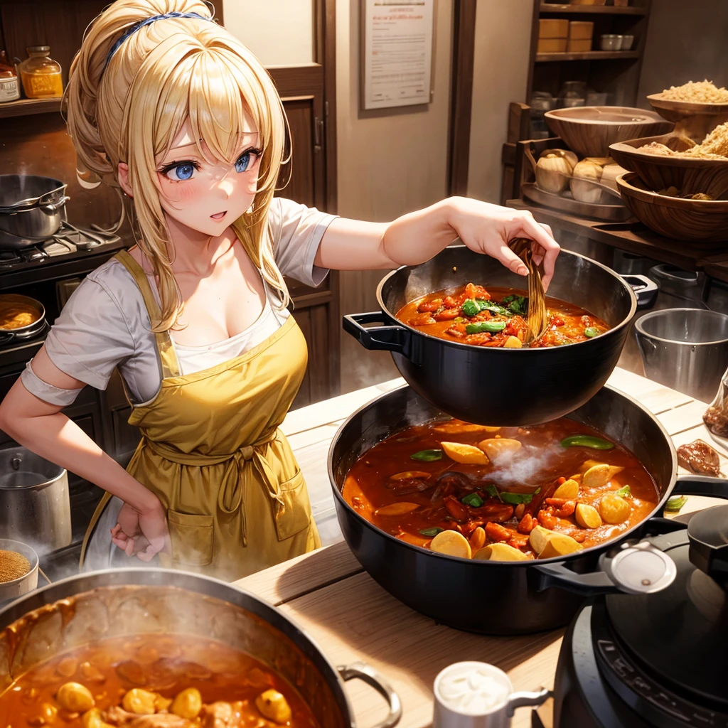 A blonde woman making chanko curry　huge pot