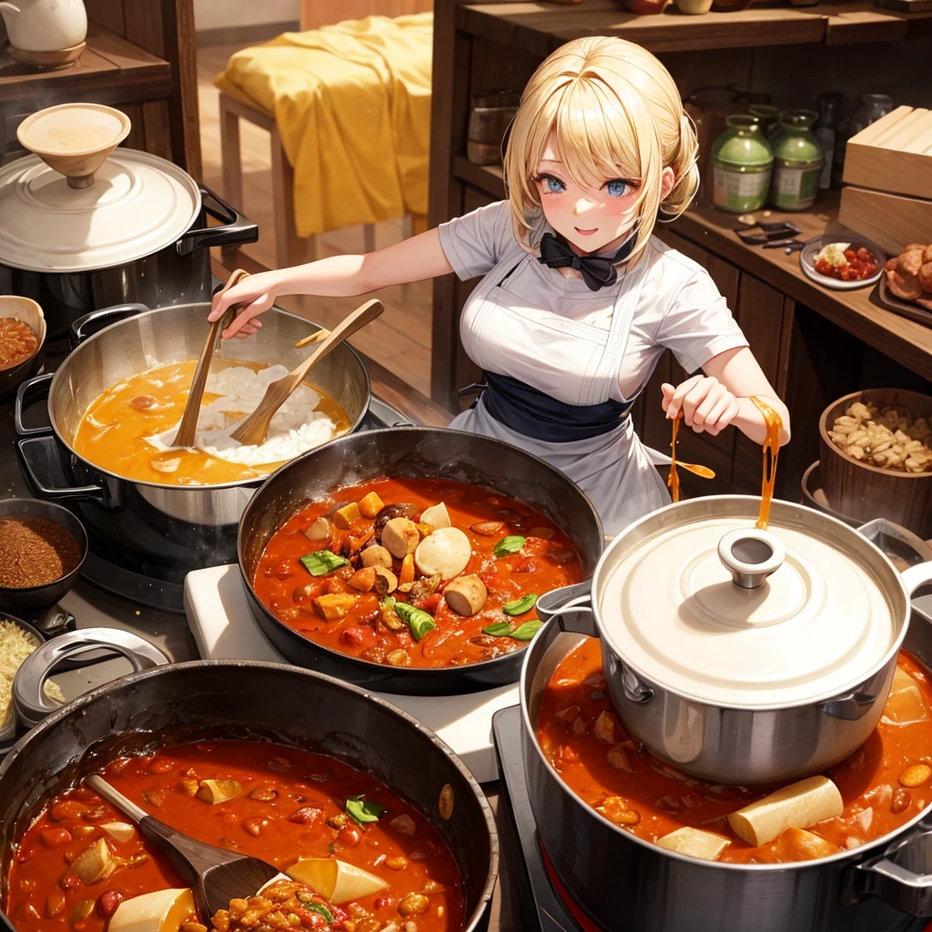 A blonde woman making chanko curry　huge pot