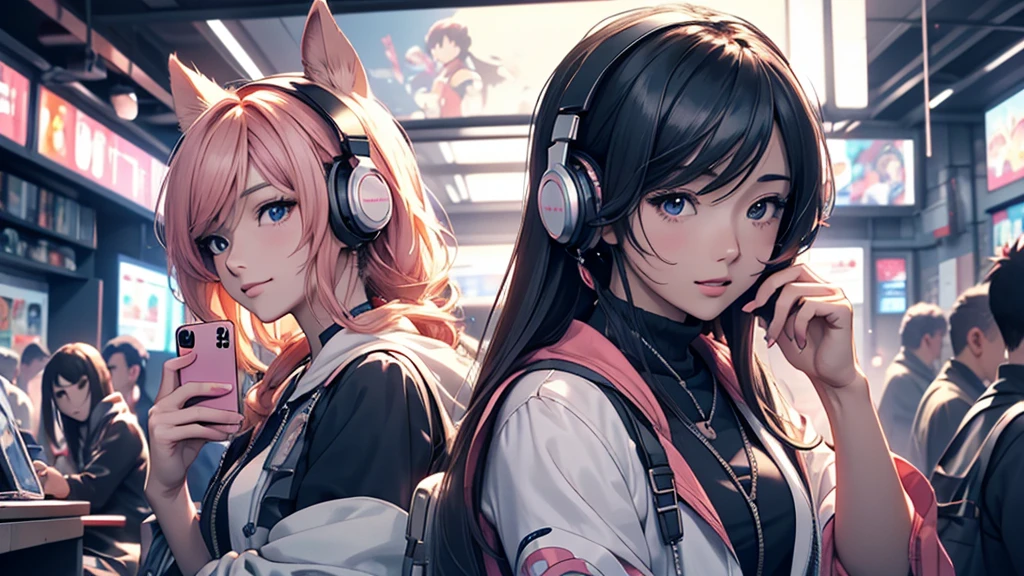 Woman wearing headphones, Anime Style 4 k, anime wallpaper 4k, anime wallpaper 4k, 4k anime wallpaper, anime art wallpaper 4k, anime art wallpaper 4k, Anime Style. 8k, Anime atmosphere, , Ultra HD Anime Wallpaper, Anime Art Wallpaper 8K, Anime Background,landscape、smartphone、iPhone、Telephone、Look at your smartphone、smartphoneで遊ぶ