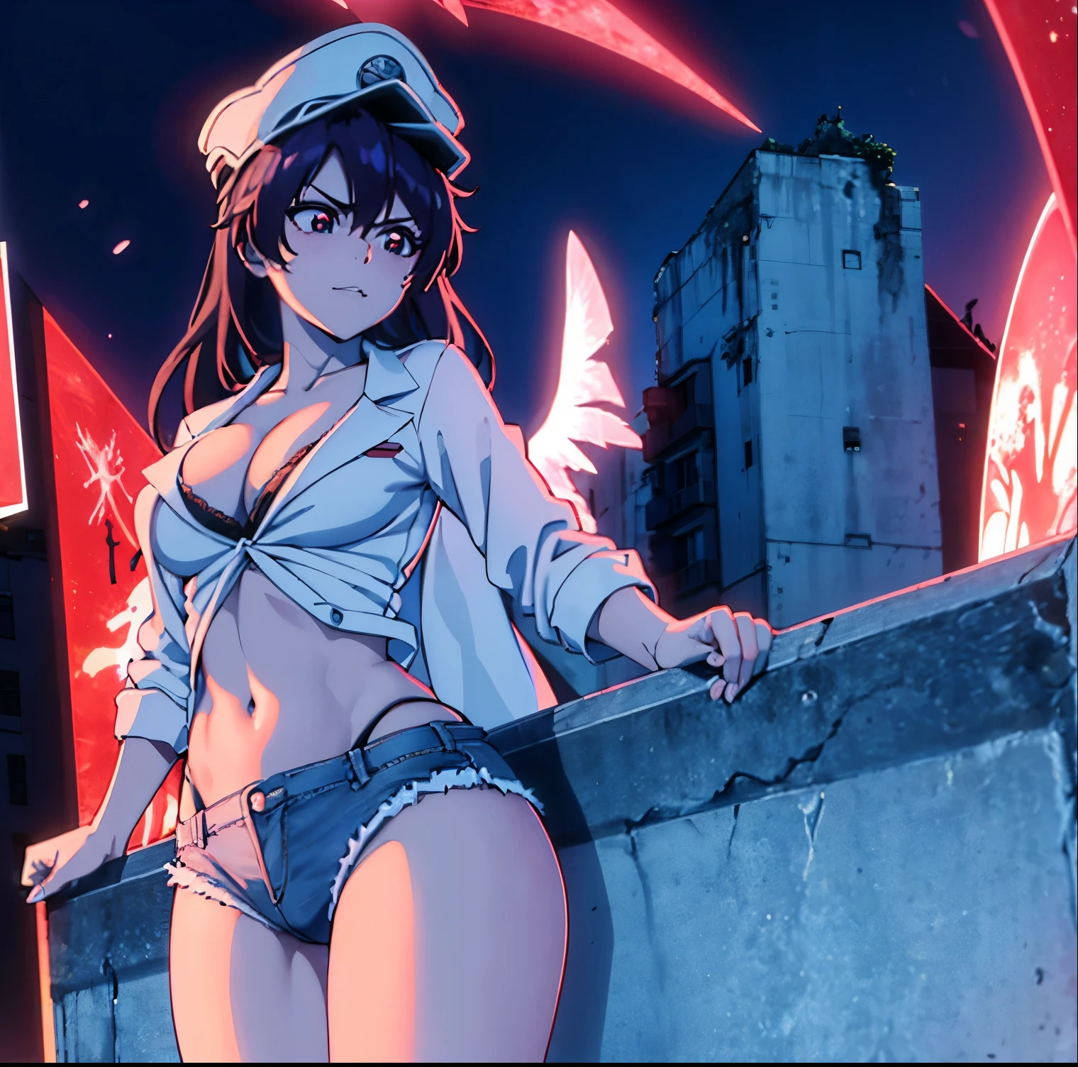 ((1girl)),((alone)),Bambietta Basterbine,(masterpiece), (best quality), (ultra detailed), (best illustration), (best shadow), (absurdities), sharp focus, cowboy shot , dynamic posture looking at the viewer, big breasts, narrow waist, wide hips, wide thighs, round butt, erotic, romantic, (very detailed eyes, lips 1.1), very detailed eyes, eyes, Very detailed face, Very beautiful face, height full, beautiful slim figure, femininity, expressive appearance, elastic big breasts, increased sexuality, underwear, shorts, panties, breasts, open fly:1.2, ribbon, navel:1.3, large breasts, white camisole:1.4, ((cleavage) ), smile, bowknot panties:1.4, two sides up, abdomen:1.3, unbuttoned, shorts:1.3, open shorts, denim:1.4, unbuttoned:1.3, white peaked cap, military cap, long black hair , defined body, Perfect and beautiful body, perfect and beautiful, , closed mouth, calm expression, blushing, (sexy pose: 1.2), ((solo)), standing: 1.3, outdoor, cityscape:1.4, streets:1.3 , city:1.3, night:1.3, city lights:1 .4,looking forward,((focus on thighs)), point of view (from below), red blush, perfect anatomy, perfect hands,