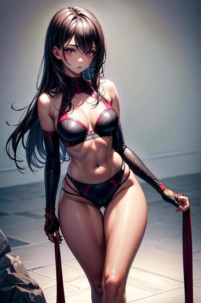 ((highest quality)),(ultra high resolution),(Super detailed), (best work of art), (ung girl:1.5), beautiful and well-shaped face:1.5,(Beautiful skin with precise and detailed depiction:1.6),(sports bra and waist band nylon shorts ),gorgeous, masterpiece, best quality, high-resolution, finely detailed, extremely detailed and beautiful, distinct-image, hourglass figure,, 1 girl, 18 year old teen, solo, sharp facial features, oval shaped face. cherry red lips,. velvet-colored eyes, C-cup breasts, tall height(175cm), slim curves, toned body type, flowing waist length ink-black dark violet hair, small narrow waist, long and slender legs, curvy wide hips, modern athletic setting, lightly tanned white skin