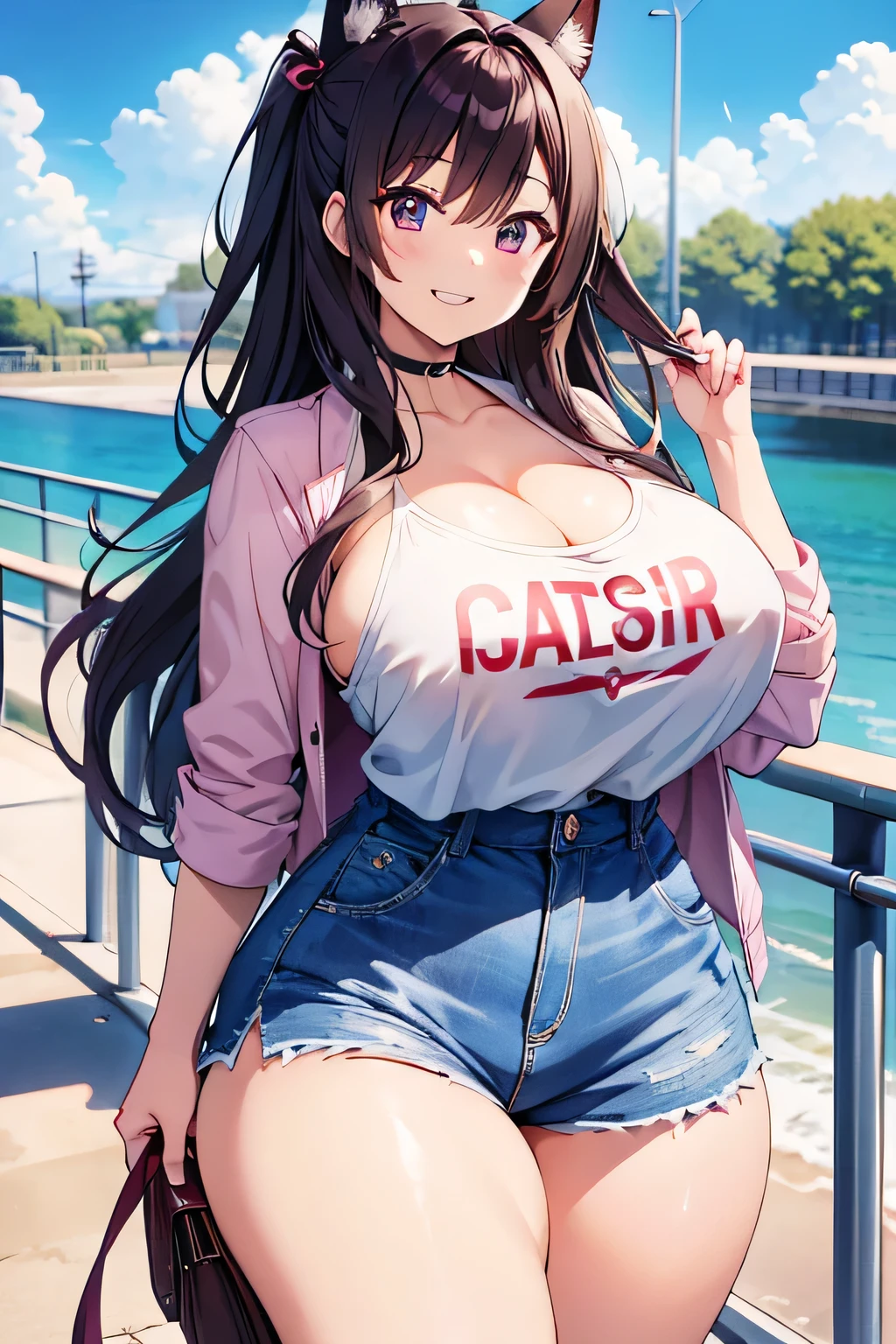 Hentai、Highest quality、smile、Cowboy Shot、Busty high school girls chatting happily on a footbridge、 over a metre、Thick legs、Clear eyes