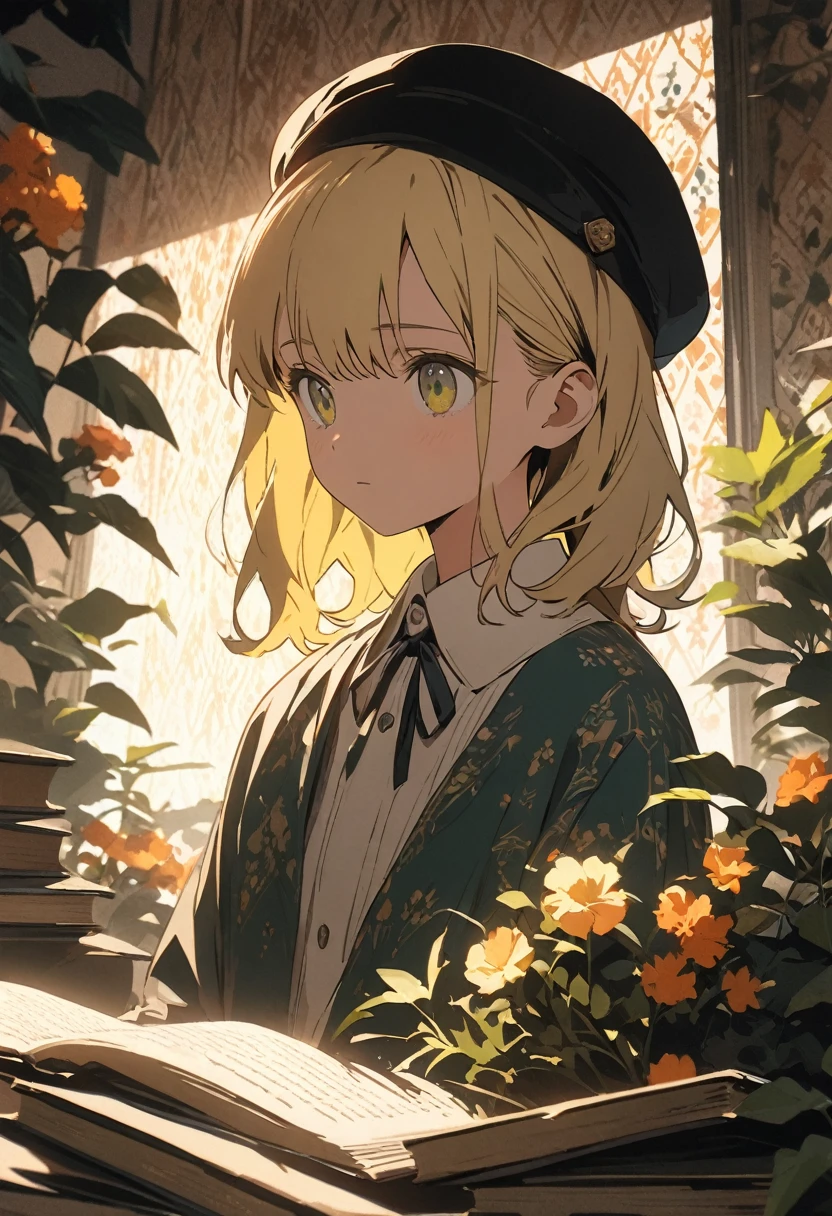 ((Masterpiece)), ((best quality)), (Anime:1.3), (super detail:1.2), (High Definition:1.3), (Professional Photography:1.3), (wide shot), (very aesthetic:1.2), (absurdres:1.2), (sharp focus), (perfect light), (()), anime style, blond girl with a black hat sitting on top of books and a cat, patterned background, full body portrait, surrounded by flowers and plants, retro patterns, dark green and light yellow, intricate details, high resolution, vintage style, Flat Style, BREAK, flat color, flat shading, eyes shining colors illuminated light, Delicate and beautiful face, (The Shining), Best lighting, Best Shadow, High saturation, Dynamic Angle,