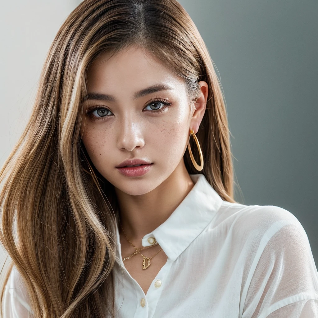 (masterpiece, ultra-realistic) A detailed and beautifully rendered portrait of a 19-year-old woman named Lila Nakamura. She has a unique mixed Japanese and Northern European heritage, giving her a distinct and captivating appearance. Lila has straight, shoulder-length blonde hair with subtle blonde highlights, styled in a neat and polished manner. Her almond-shaped eyes are a striking light blue, highlighted with subtle eyeshadow and defined by thick, dark black eyeliner. Her glossy lips add a touch of elegance, and her expression is cute and endearing. Her skin tone is light, with a natural and fresh look, complemented by a few delicate freckles across her nose. She is dressed in a simple yet professional outfit, featuring a white blouse and dark jeans, accessorized with small gold hoop earrings. The background is a neutral studio setting with soft lighting that perfectly highlights her features, creating a warm and inviting atmosphere.