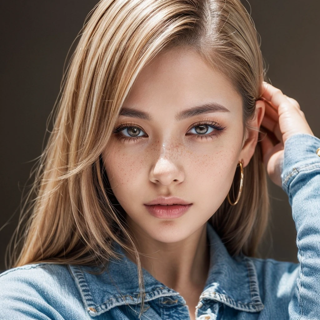 (masterpiece, ultra-realistic) A detailed and beautifully rendered portrait of a 19-year-old woman named Lila Nakamura. She has a unique mixed Japanese and Northern European heritage, giving her a distinct and captivating appearance. Lila has straight, shoulder-length blonde hair with subtle blonde highlights, styled in a neat and polished manner. Her almond-shaped eyes are a striking light blue, highlighted with subtle eyeshadow and defined by thick, dark black eyeliner. Her glossy lips add a touch of elegance, and her expression is cute and endearing. Her skin tone is light, with a natural and fresh look, complemented by a few delicate freckles across her nose. She is dressed in a simple yet professional outfit, featuring a white blouse and dark jeans, accessorized with small gold hoop earrings. The background is a neutral studio setting with soft lighting that perfectly highlights her features, creating a warm and inviting atmosphere.