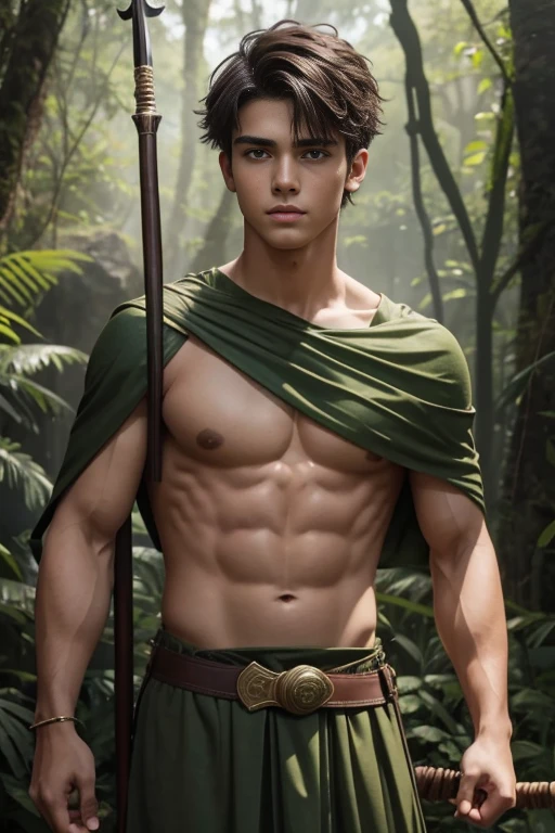handsome ager wearing a very short green roman tunic and holding a spear, cabelo preto muito curto, fundo da floresta, shirtless