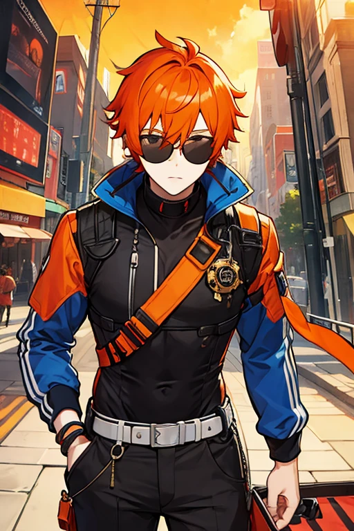 man, short orange hair, red bandage on head, Sunglasses, black shirt, blue jacket, Film-maker