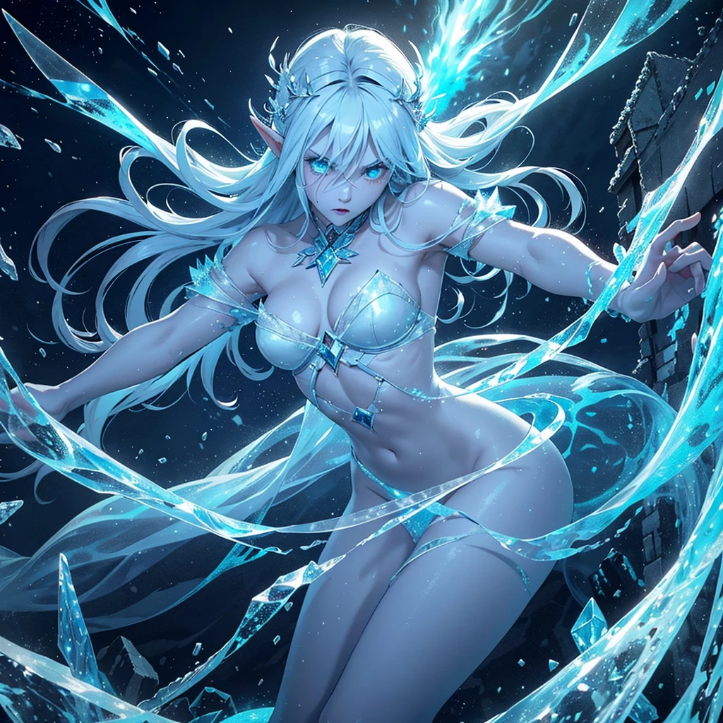 imposing freezing spirit, hair blue, Coke, skin made of ice, crown of ice, floating ice crystals cover, (body made of solid ice), aura of intense cold, creating ice storms and projecting ice squalls. Frozen ruins scenery, elf ears, (fully body), (peel back), anger, flying