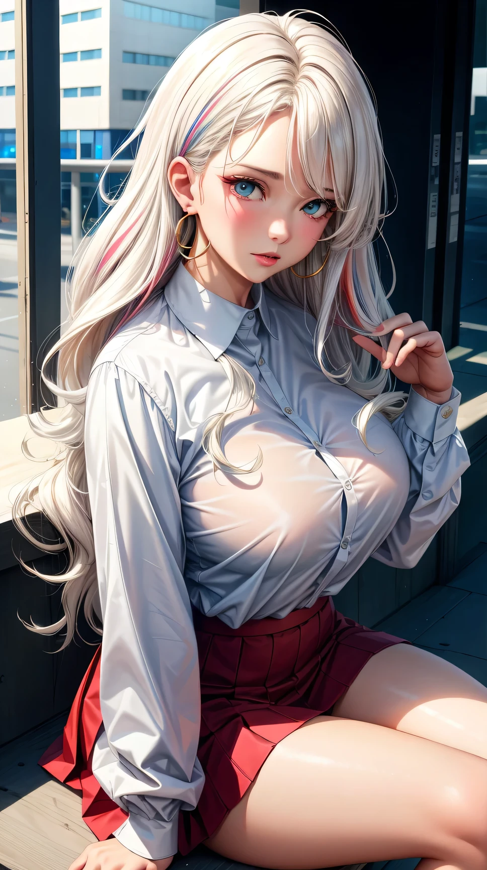 (best quality:1.5, highres, UHD, 4K, detailed lighting, shaders), white wavy haired, gradient hair, large breasts, white social shirt shirt, red social short skirt, mature woman , (pov), white background, colorful eyeshadow, dramatic lighting, sparkling eyes, sensual expression, golden earrings, flowing hair, delicate facial features, soft skin, high cheekbones, urban setting, white background, dont look for the camera, sit and lift the skirt