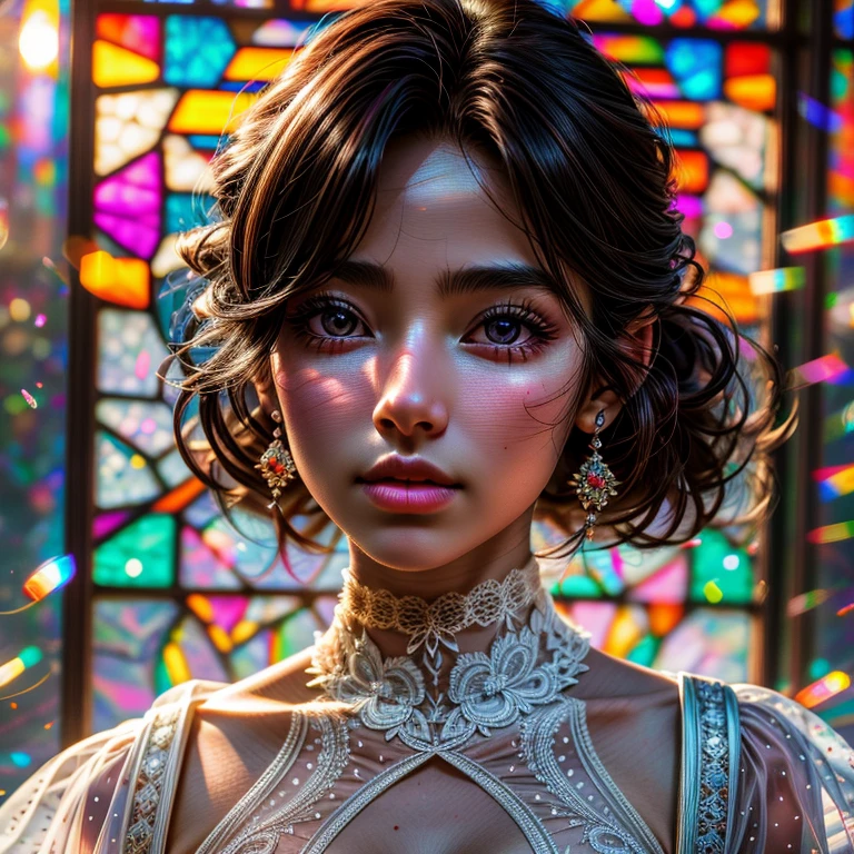 SFW, concept art, Tiny junior idol, Delicate lace knitted white clothes, (nipple:-0.9), face closeup, (Dazzling stained glass Background), (((Renbutsu Misako), colorful Light shines through delicate stained glass:1.2, vivid red colors, lense Particle, lens flare, light Particle, Acutance:0.8)). (masterpiece:1.2),(ultra-detailed:1.37),(realistic,photorealistic,photo-realistic:1.37), (Extremely detailed KAWAII face variations, innocent expression variations), rosy cheeks, intricate detailed eyes with sparkling highlights, long eyelashes with volume, subtle blush on the face. Mystic sight, haze, impeccable skin texture, captivating gaze, ((Dynamic-angle, physically-based rendering)), whole Body proportions and all limbs are anatomically accurate .