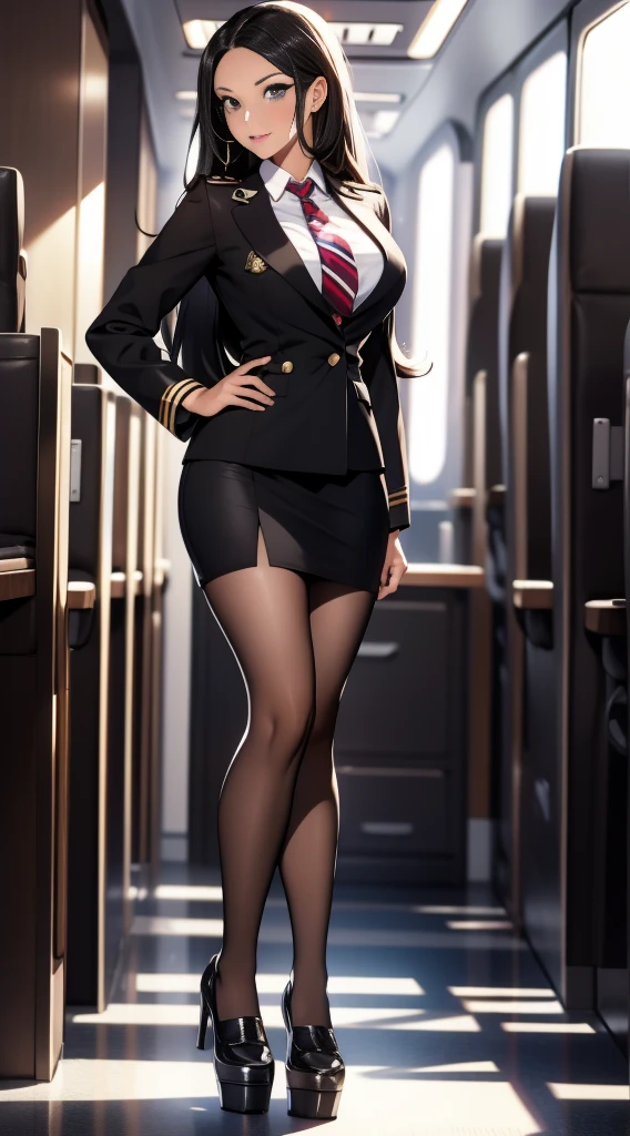 stewardess，Llevar ropa de stewardess，A beautiful full body girl，with light skin，long black hair，24 years old，busty figure，short skirt，Super sexy scene，facial close-ups