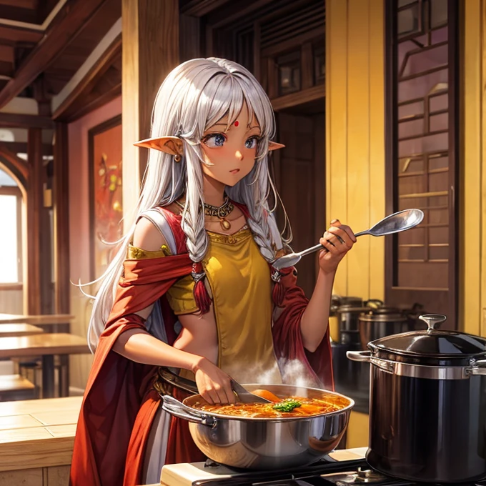 Making curry at a curry restaurant A brown-skinned elf with long silver hair huge pot