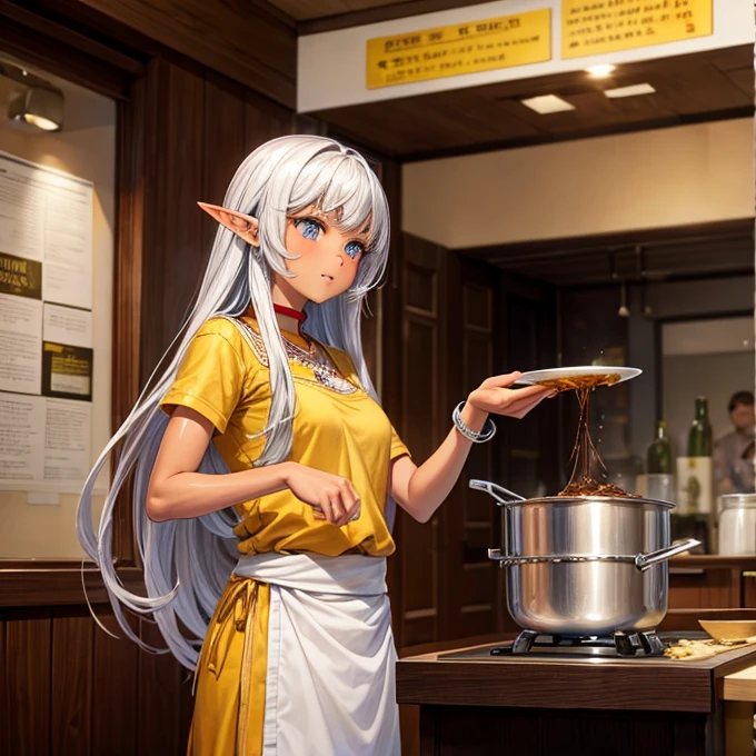 Making curry at a curry restaurant　A brown-skinned elf with long silver hair　huge pot