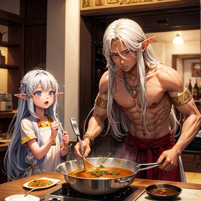 Making curry at a curry restaurant A brown-skinned elf with long silver hair huge pot