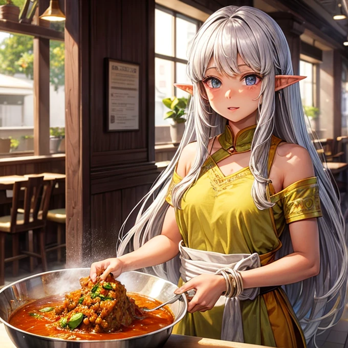 Making curry at a curry restaurant A brown-skinned elf with long silver hair huge pot