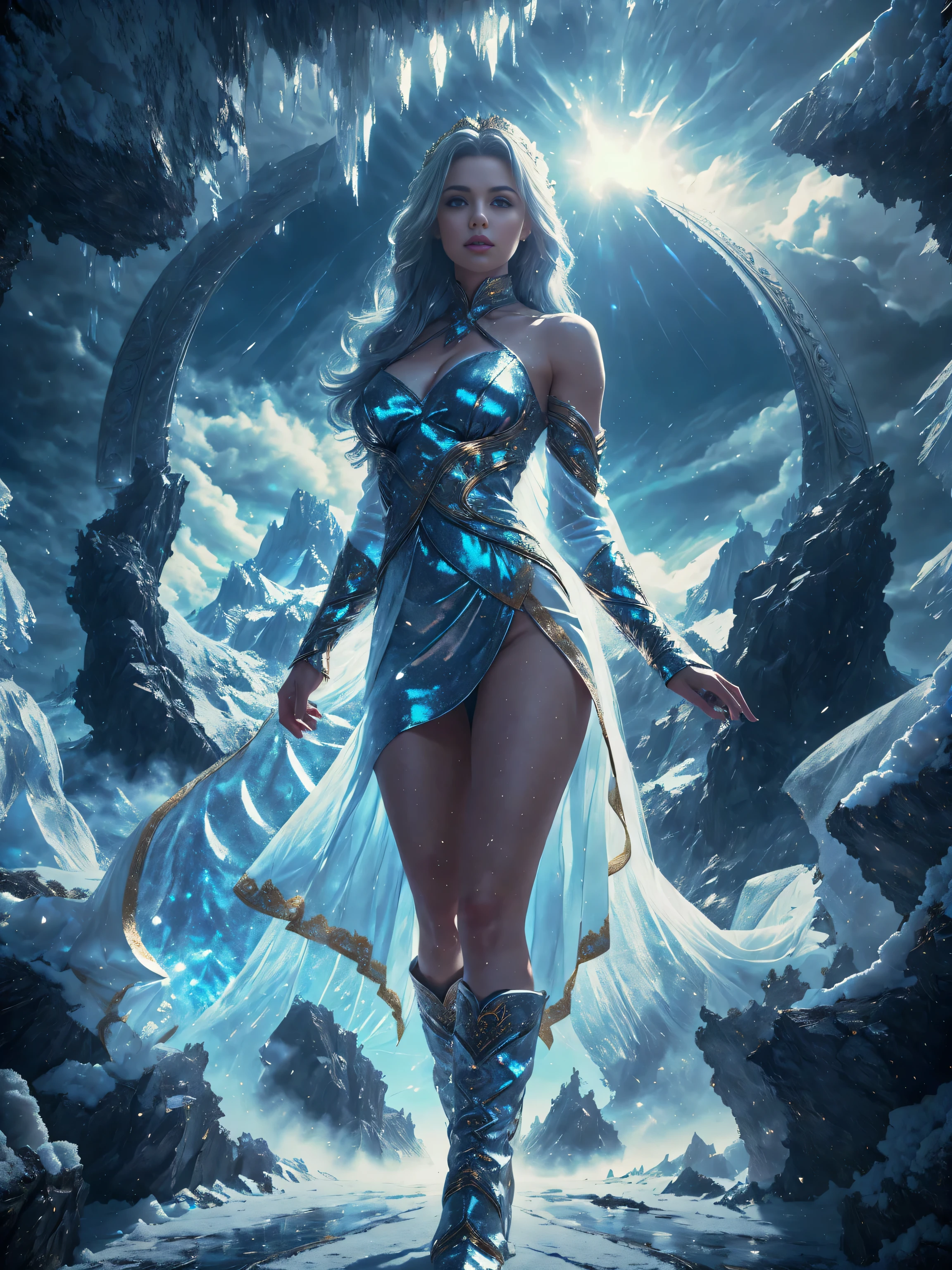 whole body, sexy princess woman, standing, watching distant mountains, very long gray hair, Waist slender, round background, with short pleated white leather skirt, with gold embroidery, high white boots, Ultra-realistic skin texture, sensual curves, Sensual Gaze, your hair body is covered with chin north pole in the snow, arid landscape, fog, blowing snow, weak, soft light, gloomy dark clouds, ice palace in the distance, cool colours, photorrealistic, Super-Realistic, the highest resolution with extremely complex details 8k
