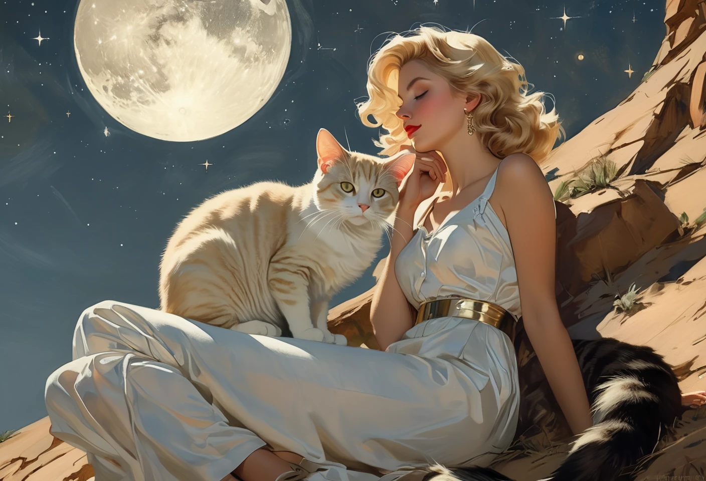 Photo of a blonde woman stargazer lying on a moonlit hill, contemplating the vastness of the universe. A cat is sitting beside her. Style by J.C. Leyendecker. Canon 5d Mark 4, Kodak Ektar, 35mm.