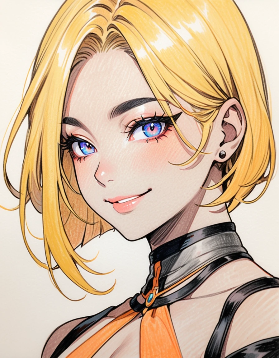 upper body, female, Art, ad, (color pencil drawing), draft drawing, illustration, , big busts, blonde hair , thick bluish eyeshadow, thick black eyeliner, Highlighted eyes with eyeliner, false eyelashes ,(tanned skin:1.2), smile