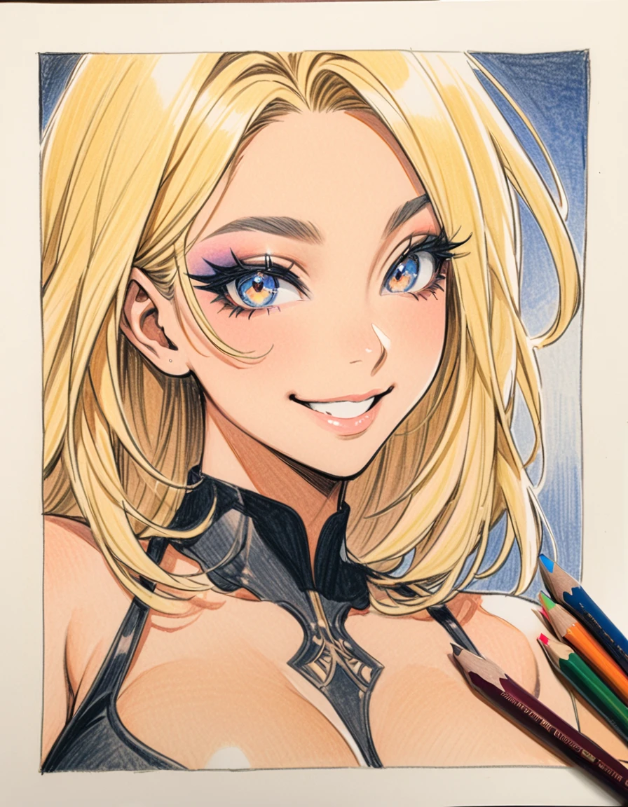 upper body, female, Art, ad, (color pencil drawing), draft drawing, illustration, , big busts, blonde hair , thick bluish eyeshadow, thick black eyeliner, Highlighted eyes with eyeliner, false eyelashes ,(tanned skin:1.2), smile
