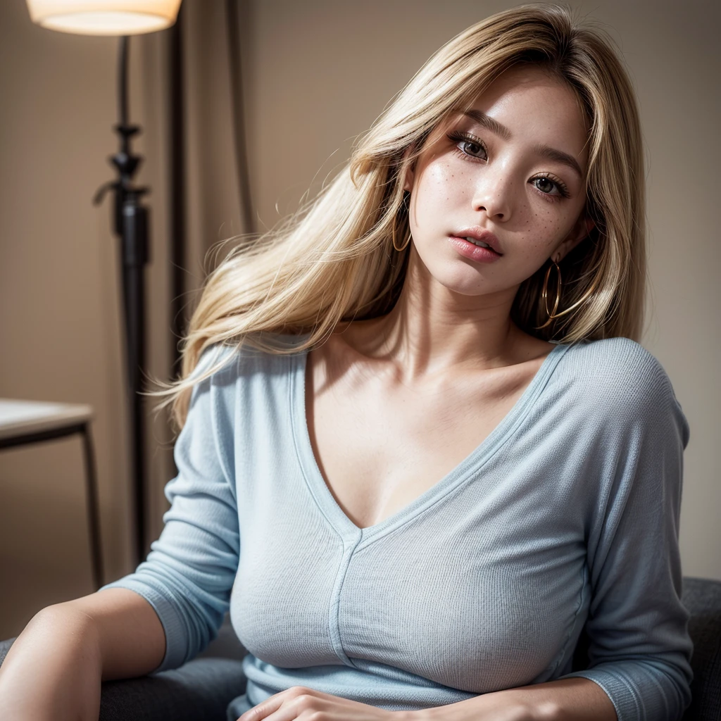 (masterpiece, ultra-realistic) A detailed and beautifully rendered portrait of a 19-year-old woman named Lila Nakamura. She has a unique mixed Japanese and Northern European heritage, giving her a distinct and captivating appearance. Lila has straight, shoulder-length blonde hair with subtle blonde highlights, styled in a neat and polished manner. Her almond-shaped eyes are a striking light blue, highlighted with subtle eyeshadow and defined by thick, dark black eyeliner. Her glossy lips add a touch of elegance, and her expression is cute and endearing. Her skin tone is light, with a natural and fresh look, complemented by a few delicate freckles across her nose. She is dressed in a simple yet professional outfit, featuring a white blouse and dark jeans, accessorized with small gold hoop earrings. The background is a neutral studio setting with soft lighting that perfectly highlights her features, creating a warm and inviting atmosphere.