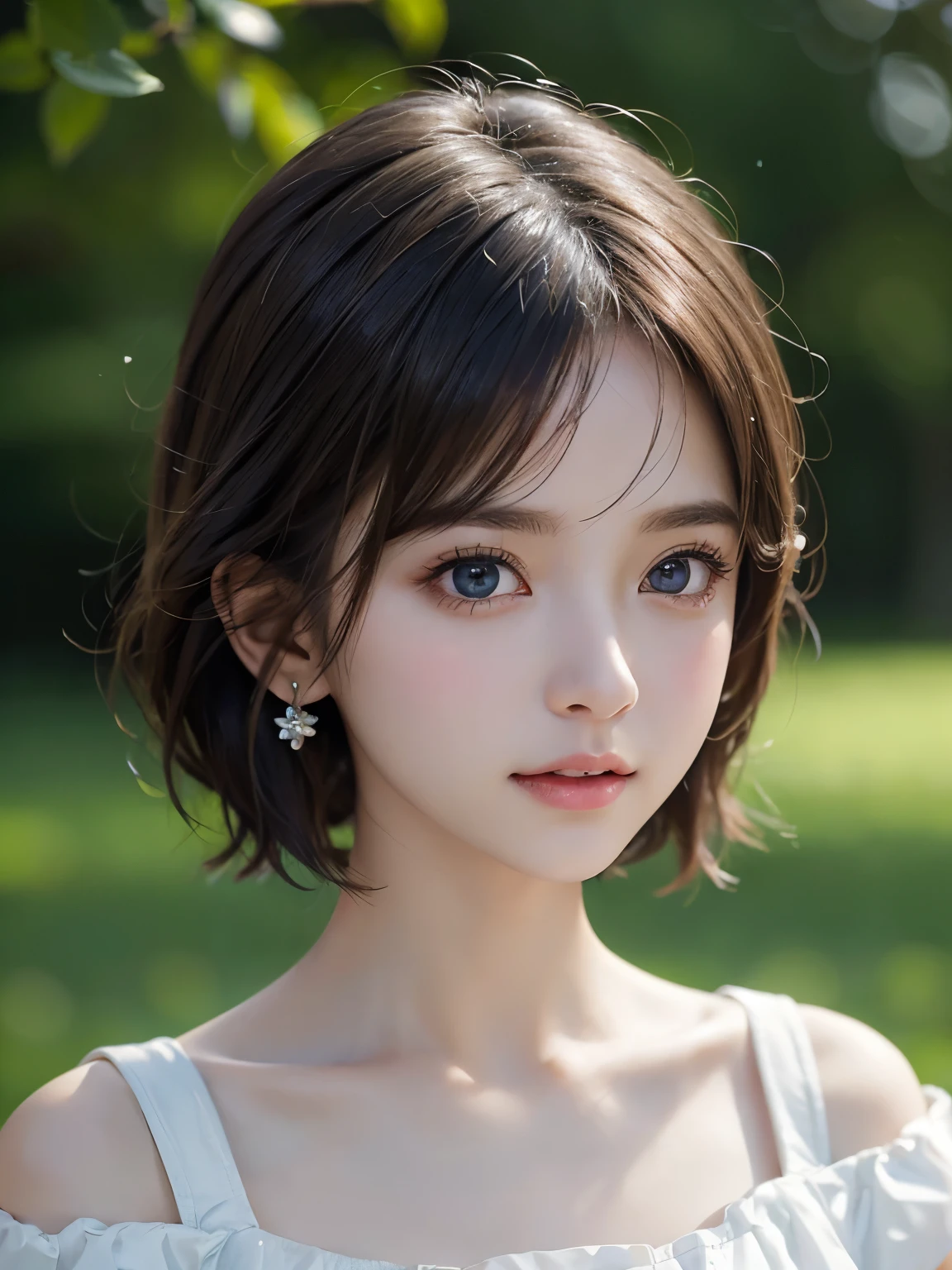 short hair、grassland、 12 years old 、(From the chest up:1.6)、Laughter、Close-up portrait of a girl wearing a white off-the-shoulder top dress and earrings, Soft portrait shot 8k, Nice delicate face, High-quality 4K portraits, High-quality portraits, Soft and perfect white skin, 8k highly detailed face, Beautiful and delicate face, Beautiful light big eyes, Beautiful and realistic face, Beautiful girl and, Beautiful and realistic face, Cute girl