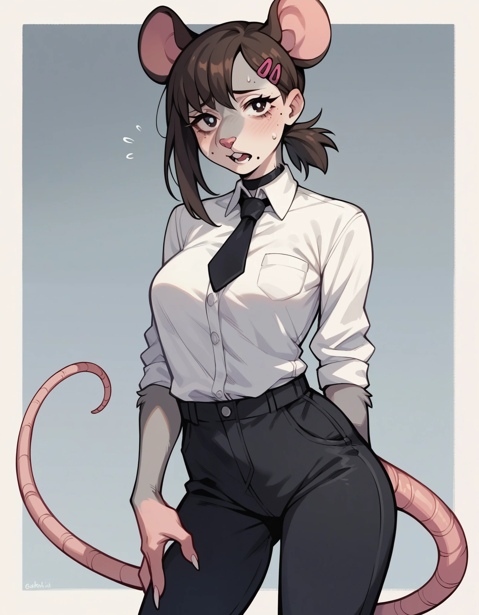 score_9,score_8_up,score_7_up, score_6_up, source_furry, Anthro, kobeni higashiyama, she is an Anthro furry rat girl, grey fur, pink nose, rat ears, tail, wearing white shirt, black tie, black pants,