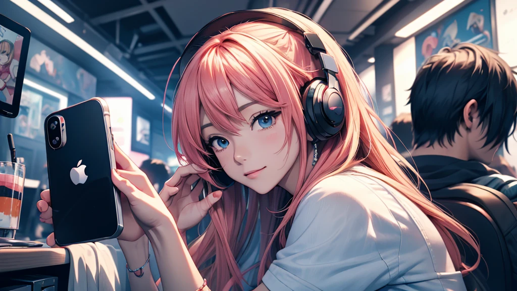 Woman wearing headphones, Anime Style 4 k, anime wallpaper 4k, anime wallpaper 4k, 4k anime wallpaper, anime art wallpaper 4k, anime art wallpaper 4k, Anime Style. 8k, Anime atmosphere, , Ultra HD Anime Wallpaper, Anime Art Wallpaper 8K, Anime Background,landscape、smartphone、iPhone、Telephone、Look at your smartphone、smartphoneで遊ぶ、1 person