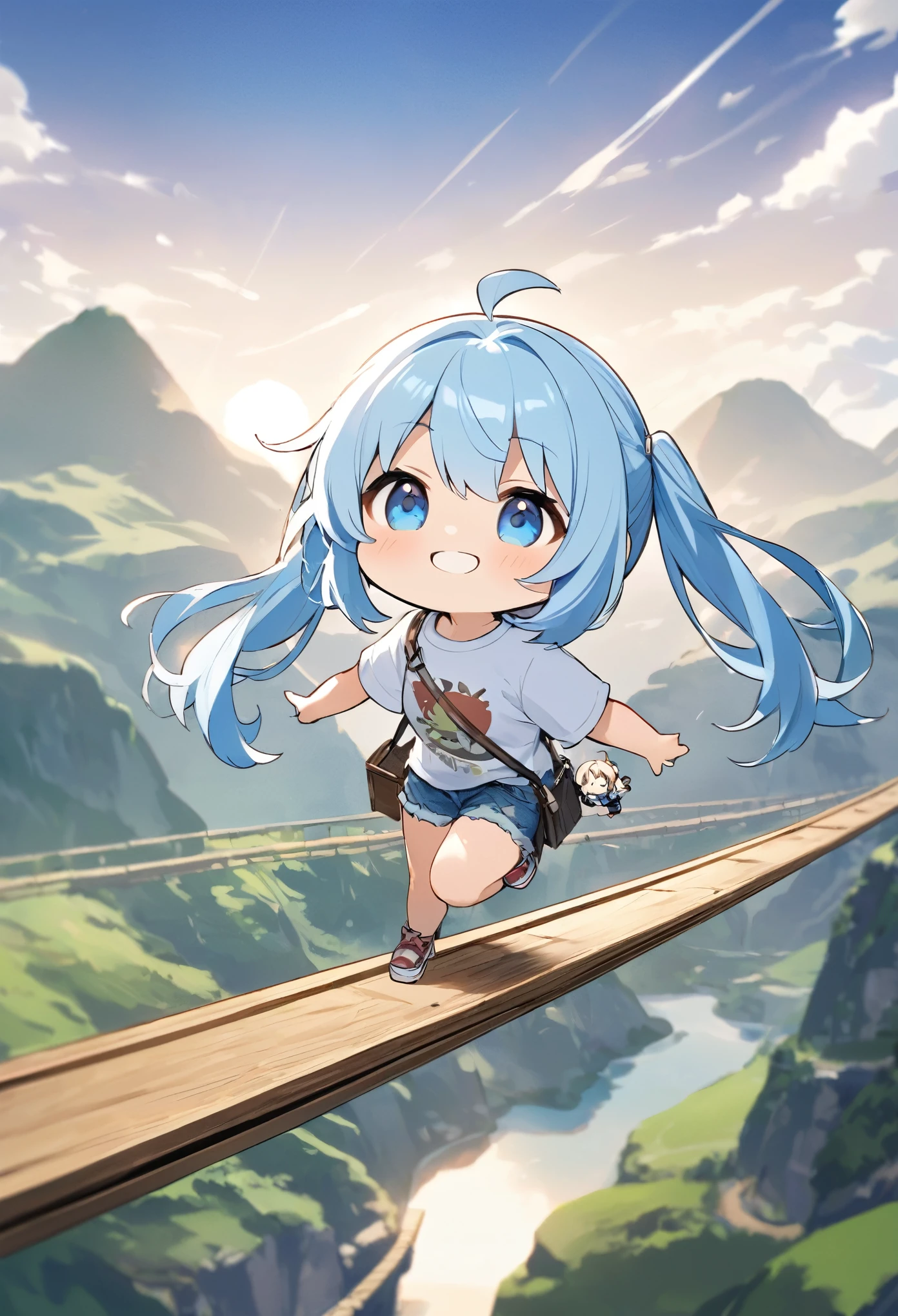Light blue long hair、Twin-tailed Chibi Character、Bigger in the center、Bright smile、T-shirt and denim shorts、Crossing a suspension bridge over a valley、From the top of the suspension bridge、Looking fearfully into the valley
