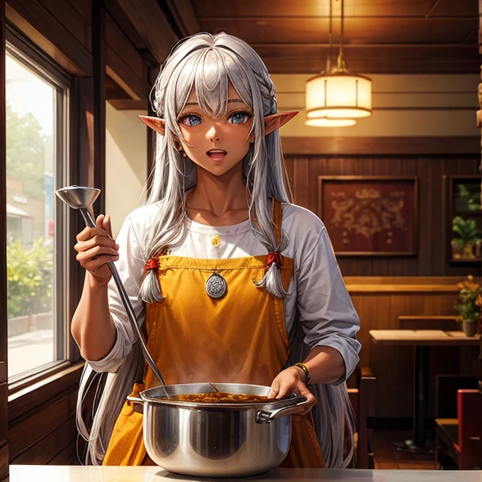 Making curry at a curry restaurant A brown-skinned elf with long silver hair huge pot