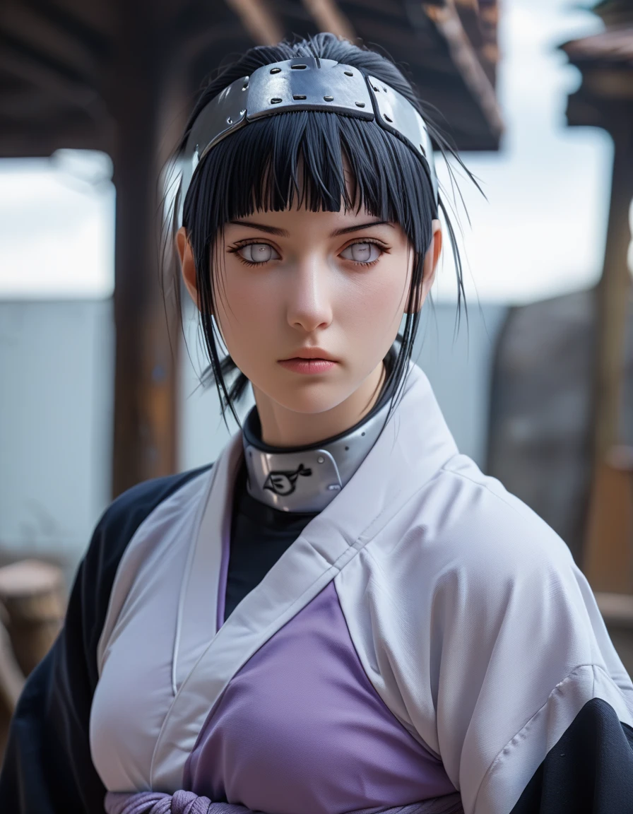 Digital illustration of a female hinata character with long, dark blue hair and pale skin. She has distinctive white eyes and a serious expression. The character is wearing a black mesh top under a purple garment with a white collar, which features a metallic headband with a symbol on it. Her hands are positioned in a specific gesture, suggesting a pose related to martial arts or a similar discipline. The background is blurred, focusing attention on the character. The artist's signature and a URL are visible in the bottom left corner, written in white script. anime, anatomically correct, super detailed, high quality, 4K, high details, super detailed, 4k