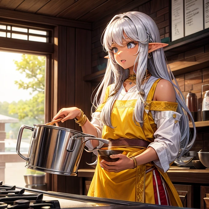 Making curry at a curry restaurant　A brown-skinned elf with long silver hair　huge pot