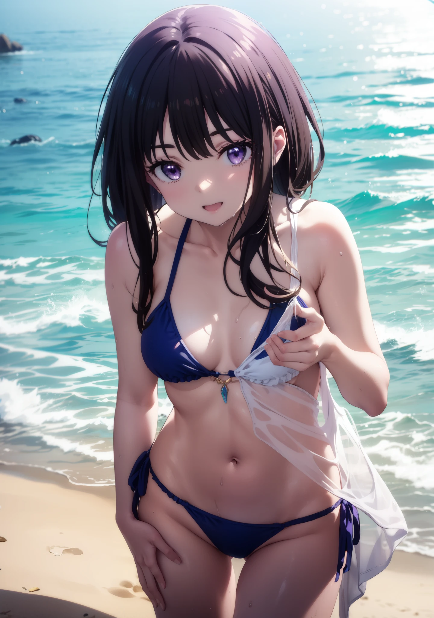 Takiuchikami, Check it out, Long Hair, bangs, Black Hair, (Purple eyes:1.2),Light blue bikini string swimsuit,barefoot,Water Play,Wet Hair,Wet Skin,Wet swimsuit,smile,Open your mouth,True Summer,whole bodyがイラストに入るように,
break outdoors,Ocean,Sandy Beach,Beach,
break looking at viewer, whole body,(Cowboy Shot:1.5),
break (masterpiece:1.2), Highest quality, High resolution, unity 8k wallpaper, (figure:0.8), (Beautiful attention to detail:1.6), Highly detailed face, Perfect lighting, Highly detailed CG, (Perfect hands, Perfect Anatomy),