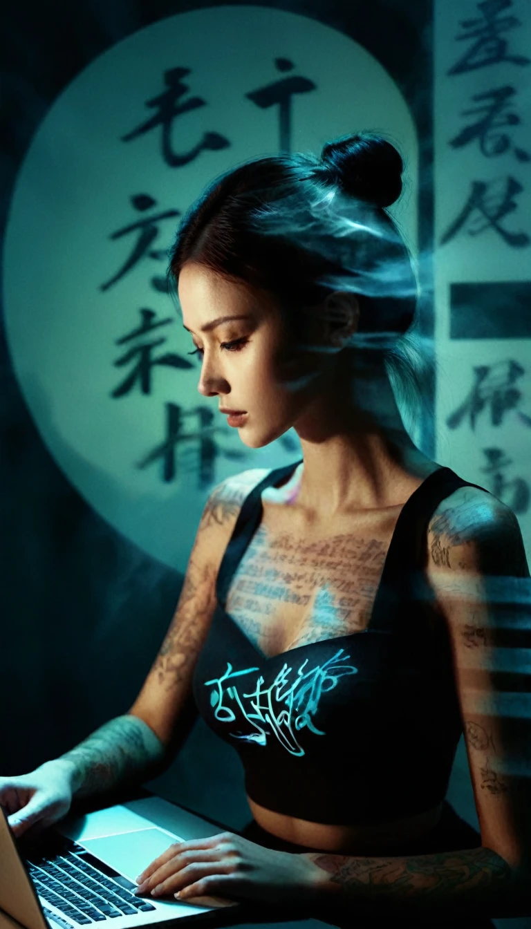 Double exposure style,Volumetric lighting,girl (Supermodel) with laptop,Arch your back, Beautiful Tattoos, Traditional Costume,Artistic calligraphy and ink,Depth of light,Lighting with a dramatic atmosphere,Volumetric lighting,Double Image Ghosting Effect,Image combinations,Double exposure style,
