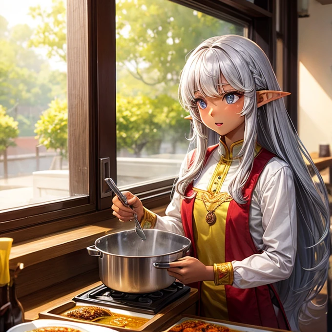 Making curry at a curry restaurant A brown-skinned elf with long silver hair huge pot