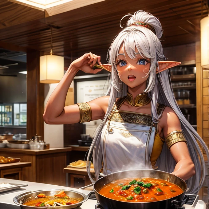 Making curry at a curry restaurant A brown-skinned elf with long silver hair huge pot
