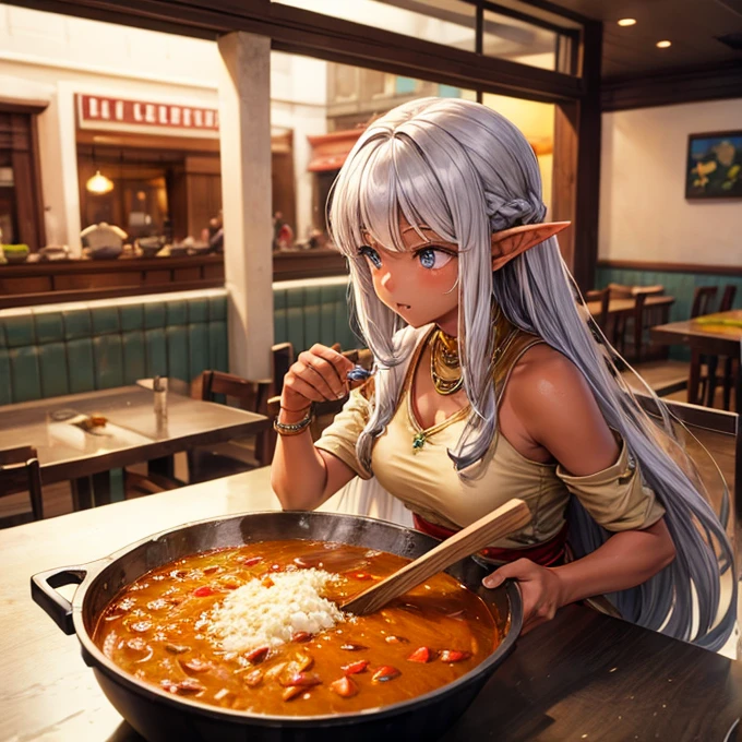 Making curry at a curry restaurant A brown-skinned elf with long silver hair huge pot